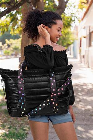 Black Puffer Tote Bag with Scatter Star Straps - Twinkle Twinkle Little One