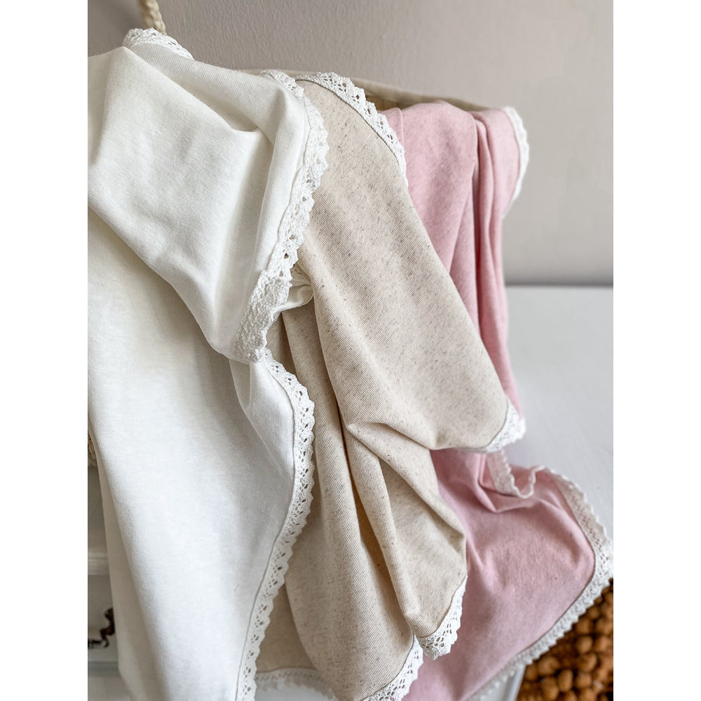 Large Linen Crochet Trim Swaddle Blanket - Blush - Twinkle Twinkle Little One