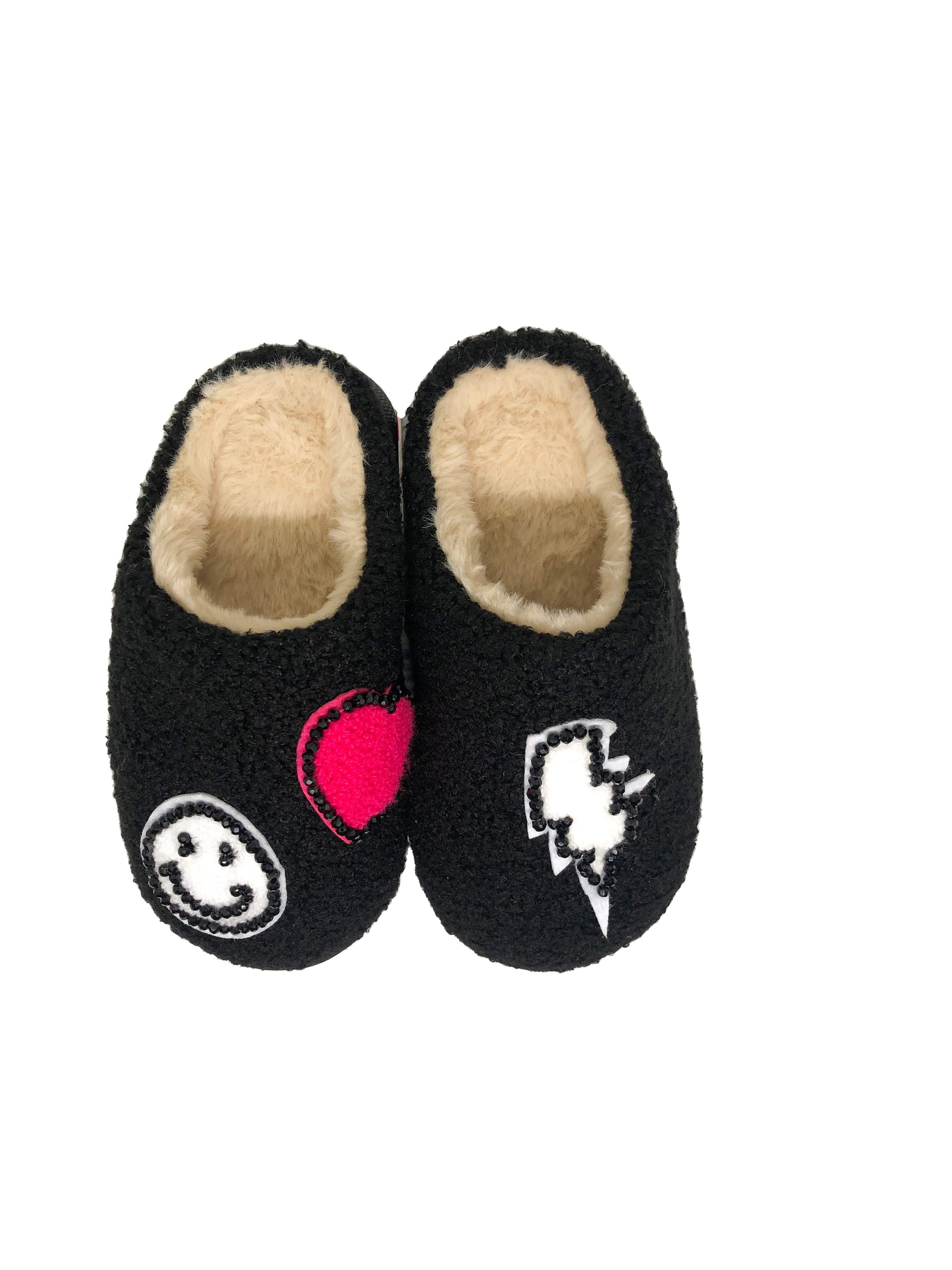 Girl's Embroidered Black Sherpa Patched Slippers - Twinkle Twinkle Little One