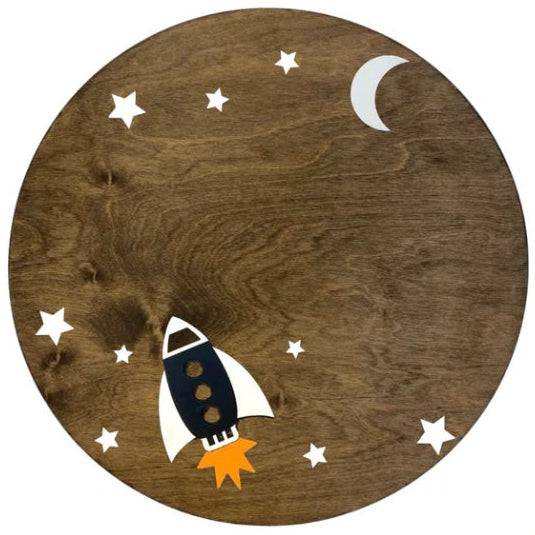 Round Personalized Wood Name Sign | Space Ship - Twinkle Twinkle Little One