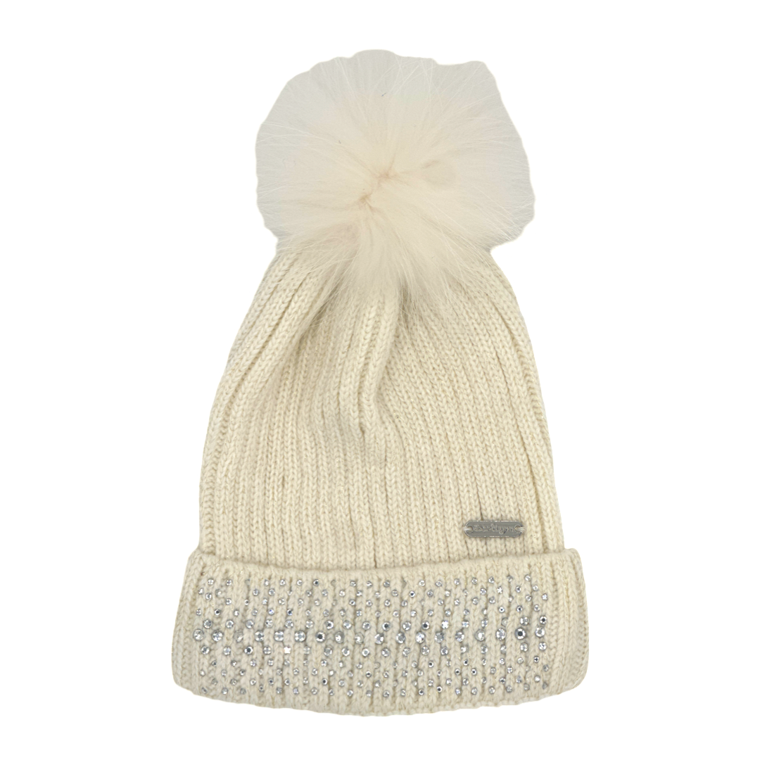 Baby Small Crystal Cuff Rib Hat with Fur Pom - 0