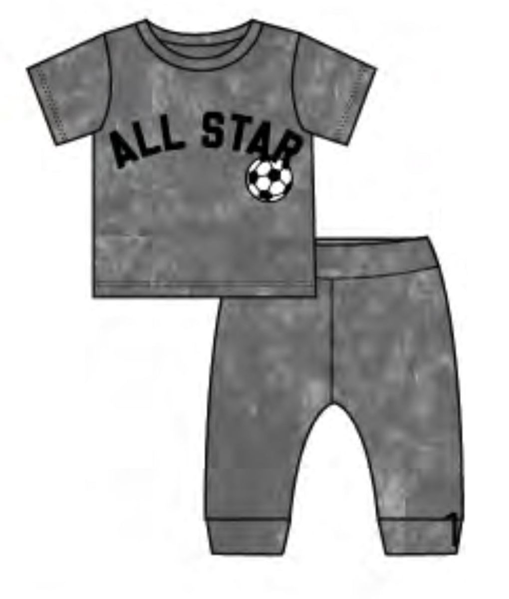 Gray children's pajama set with 'All Star' and soccer ball design on a white background