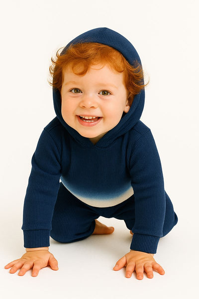 Dip Dye Ribbed 2x1 Hoodie and Baggy Pant Sets - Navy