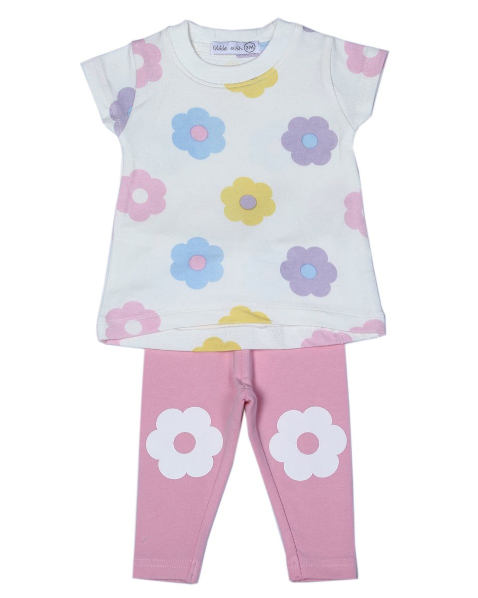 Children's outfit with floral top and pink pants on a white background