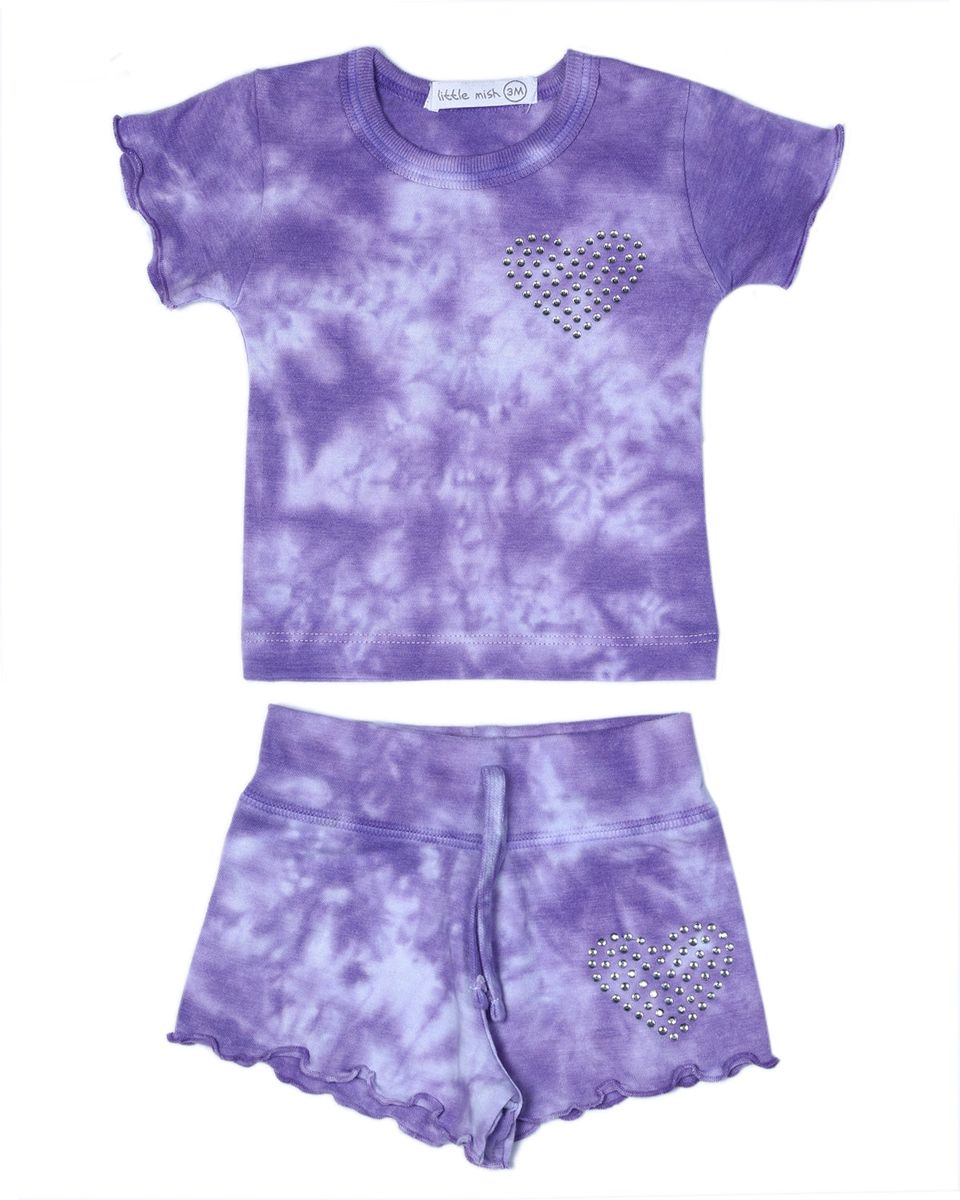 Purple tie-dye t-shirt and shorts set with heart designs on a white background