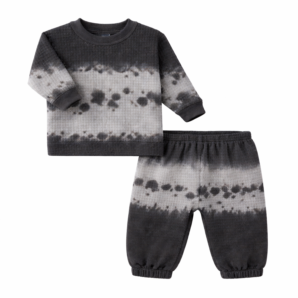 Chunky Thermal Sweatshirt & Baggy Pant Set - Black Tie Dye