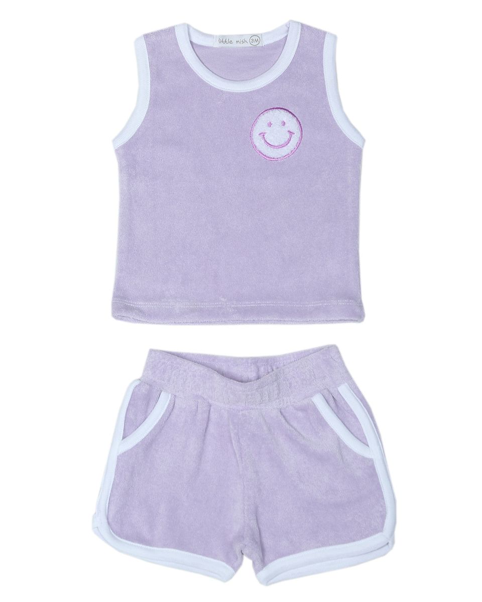 Lilac sleeveless top and shorts set with a smiley face logo on a white background