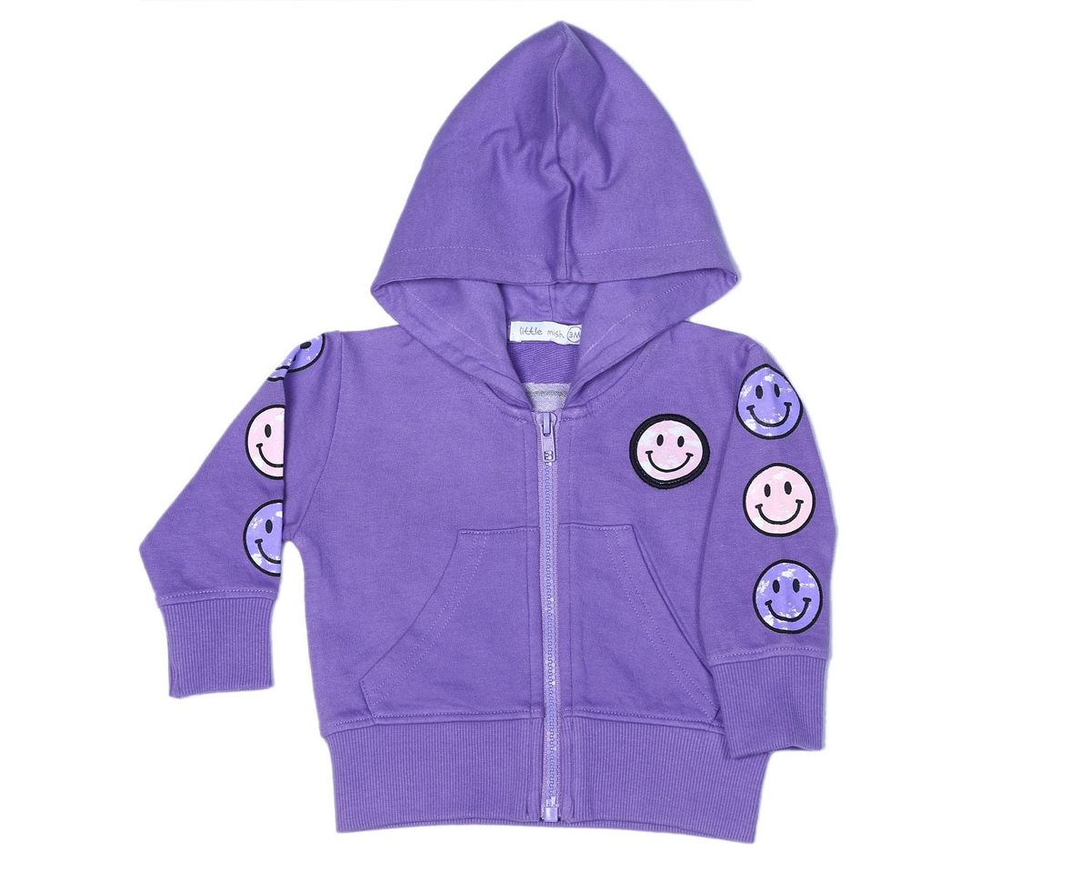 Purple hoodie with smiley face designs on sleeves against a white background