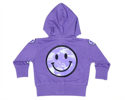 Purple hoodie with a smiley face design on a white background
