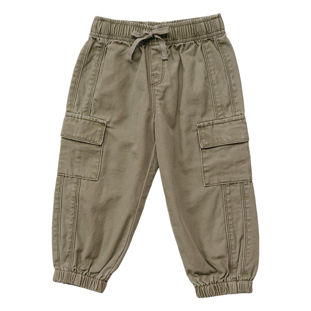 Green cargo pants with drawstring waist on a white background