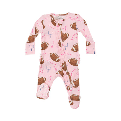 Football Pink Bamboo 2 Way Ruffle Zipper Footie - Twinkle Twinkle Little One