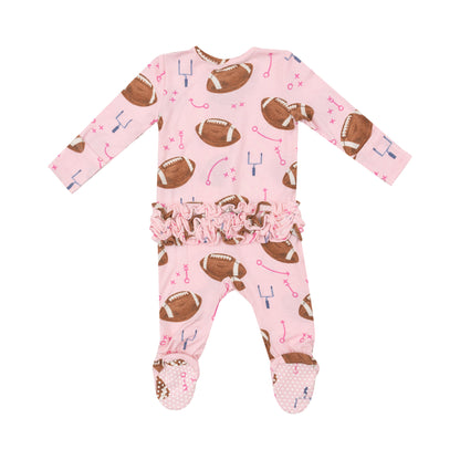 Football Pink Bamboo 2 Way Ruffle Zipper Footie - Twinkle Twinkle Little One