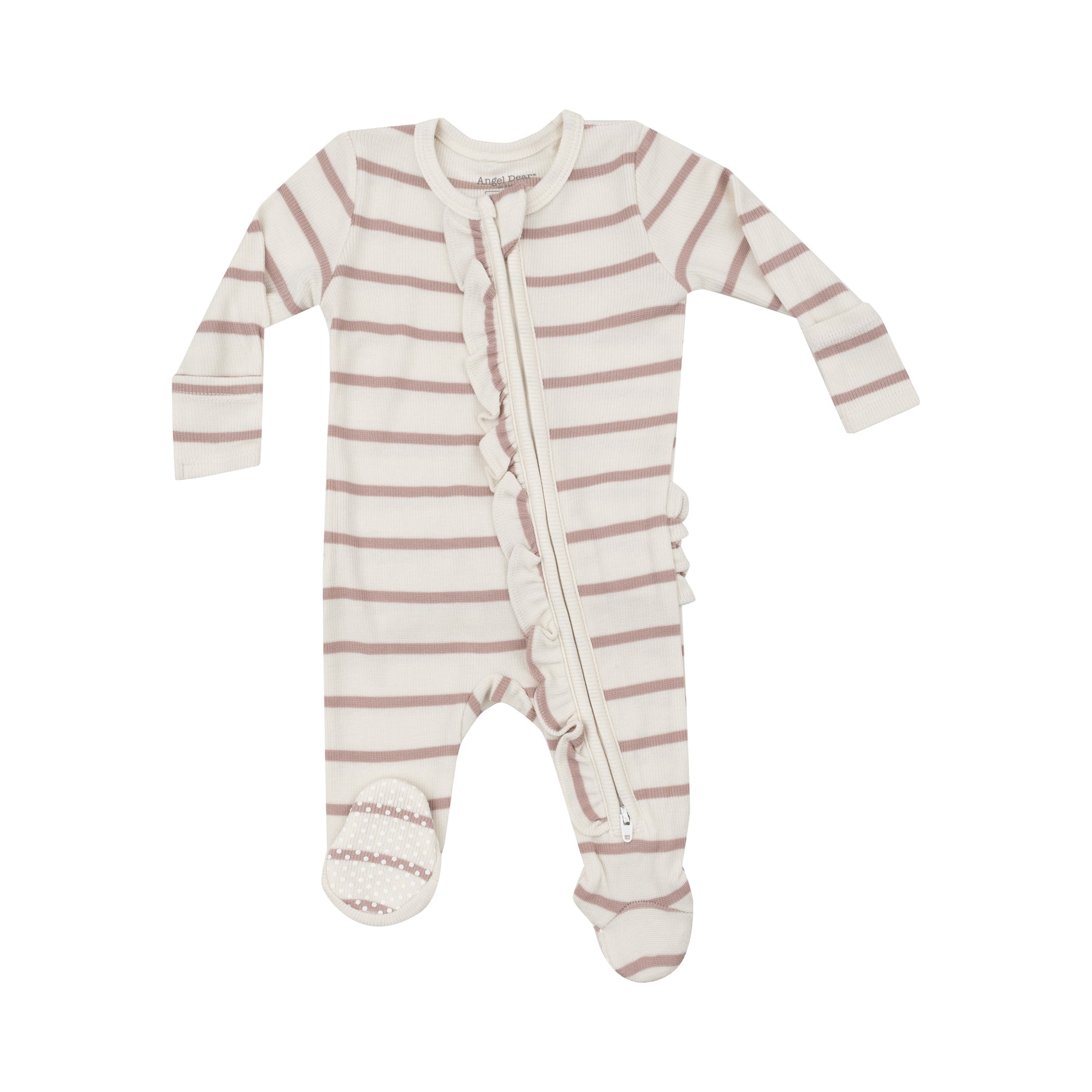 Misty Rose Stripe Ribbed Bamboo 2 Way Ruffle Zipper Footie