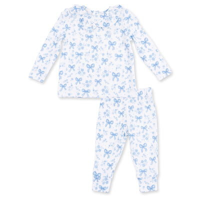 Angel Dear Blue Bows and Flowers Long Sleeve Ruffle Top and Pant