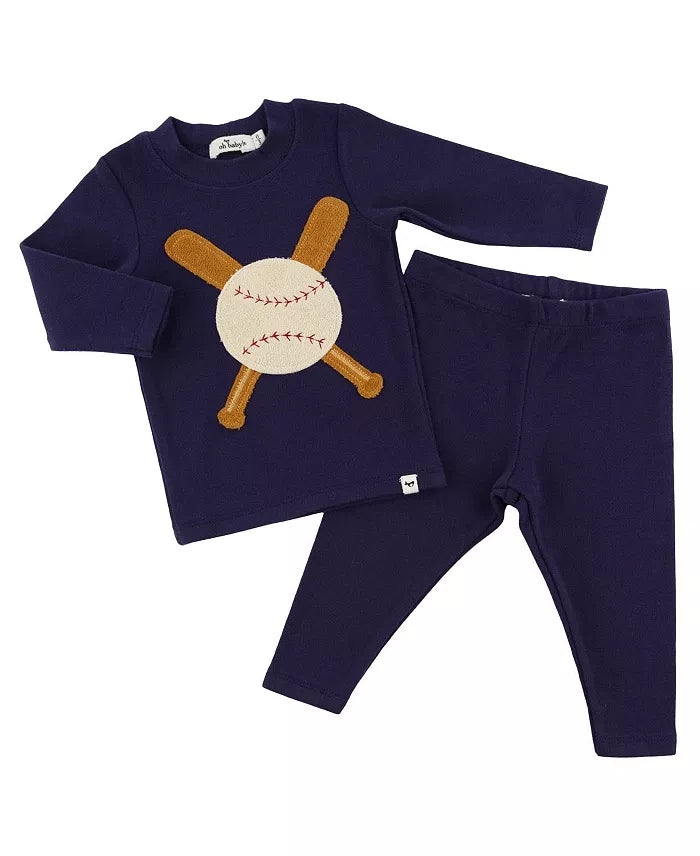Two Piece Set - Vintage Baseball Applique - Navy