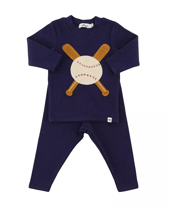 Two Piece Set - Vintage Baseball Applique - Navy