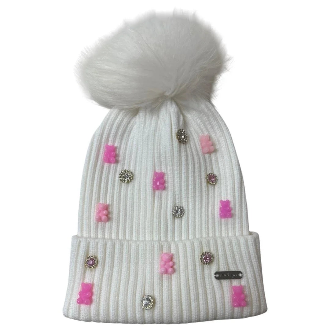 Ivory Toddler Baby Rib Gummy Bear Jewel Hat with Fur Pom