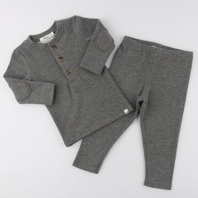 Mini Honeycomb Elbow Patch Henley 2 Pc Set - Charcoal - Twinkle Twinkle Little One