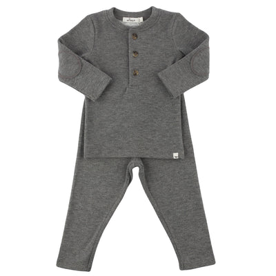 Mini Honeycomb Elbow Patch Henley 2 Pc Set - Charcoal - Twinkle Twinkle Little One