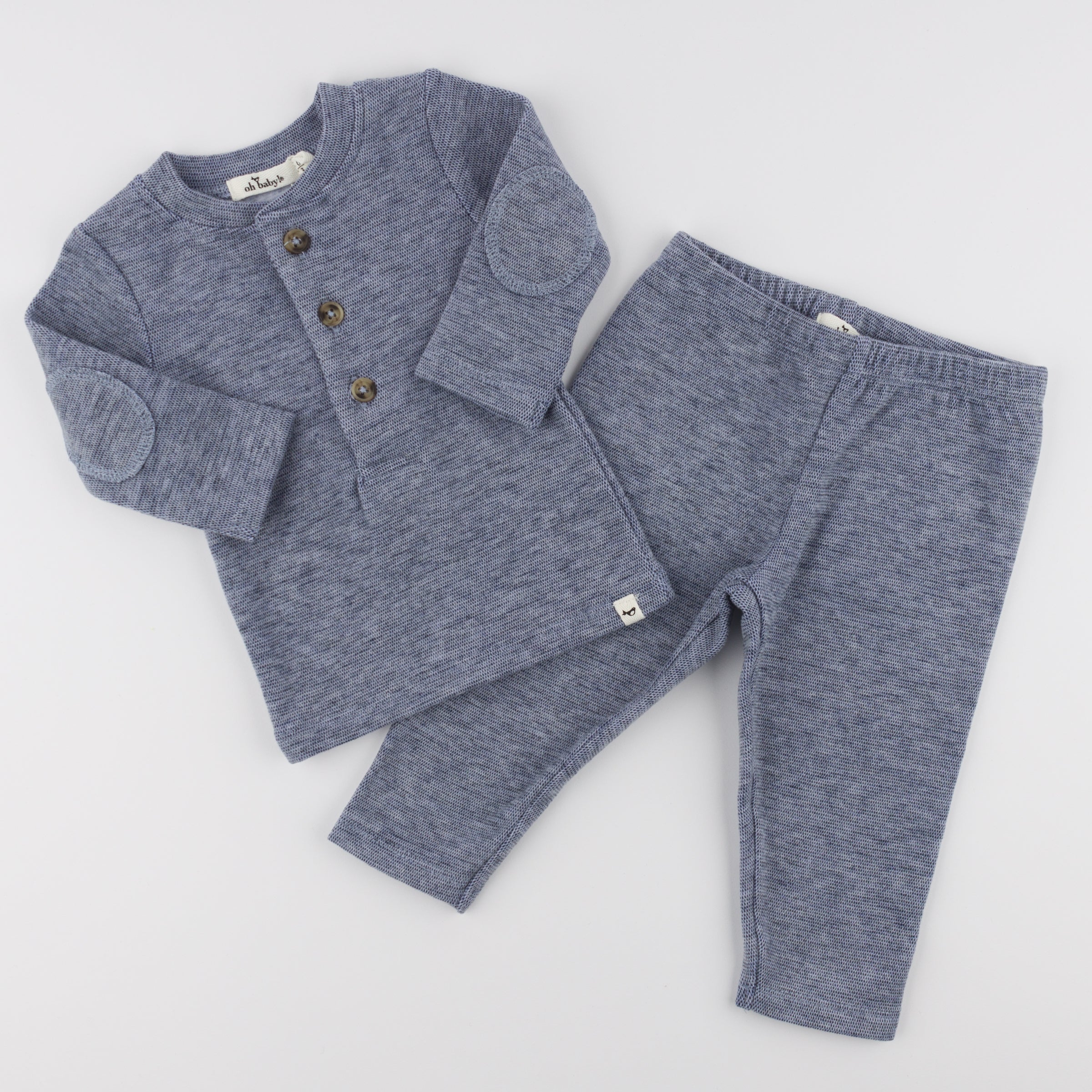 Mini Honeycomb Elbow Patch Henley 2 Pc Set - Denim