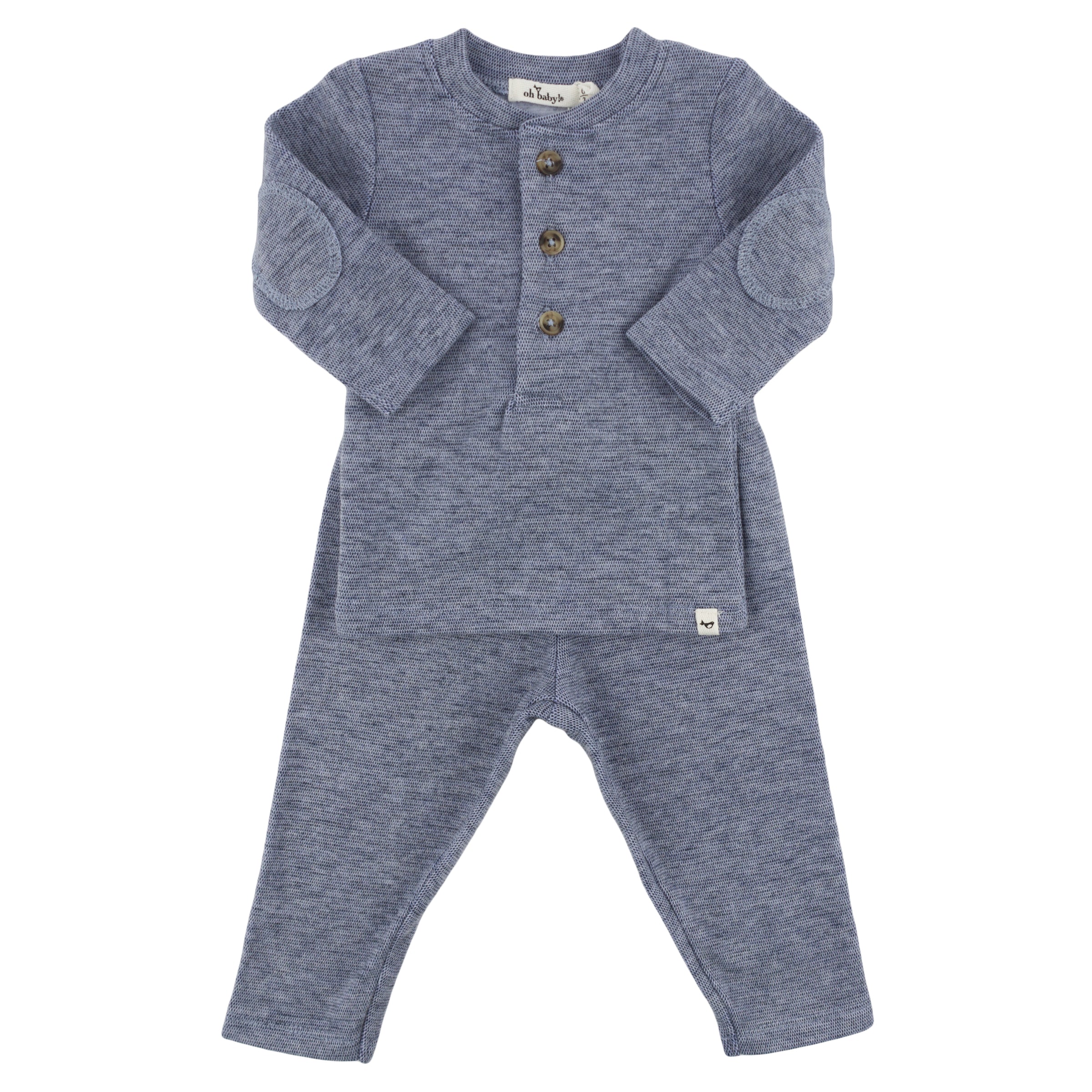 Mini Honeycomb Elbow Patch Henley 2 Pc Set - Denim