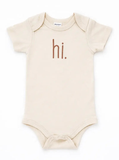 Hi. Embroidered Pecan Cotton Knit Onesie & Top Knot Hat