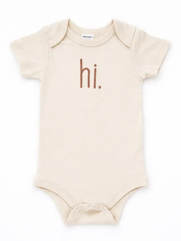 Hi. Embroidered Pecan Cotton Knit Onesie & Top Knot Hat