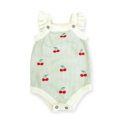 Cherry Stripe Embroidered Knit Baby Ruffle Romper (Organic Cotton)