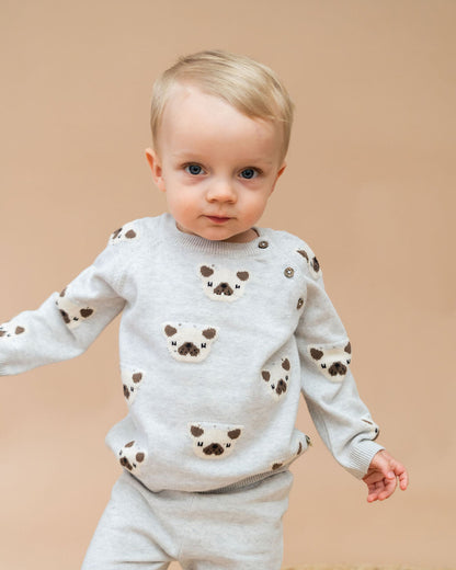 Frenchie Puppy Jacquard Knit Baby Raglan Pullover Sweater & Pant Set - Twinkle Twinkle Little One