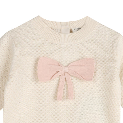 Ella Bow Organic Cotton Baby Sweater & Knit Legging Set – Ecru & Sweet Pink