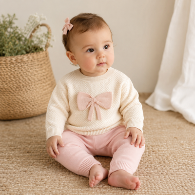 Ella Bow Organic Cotton Baby Sweater & Knit Legging Set – Ecru & Sweet Pink