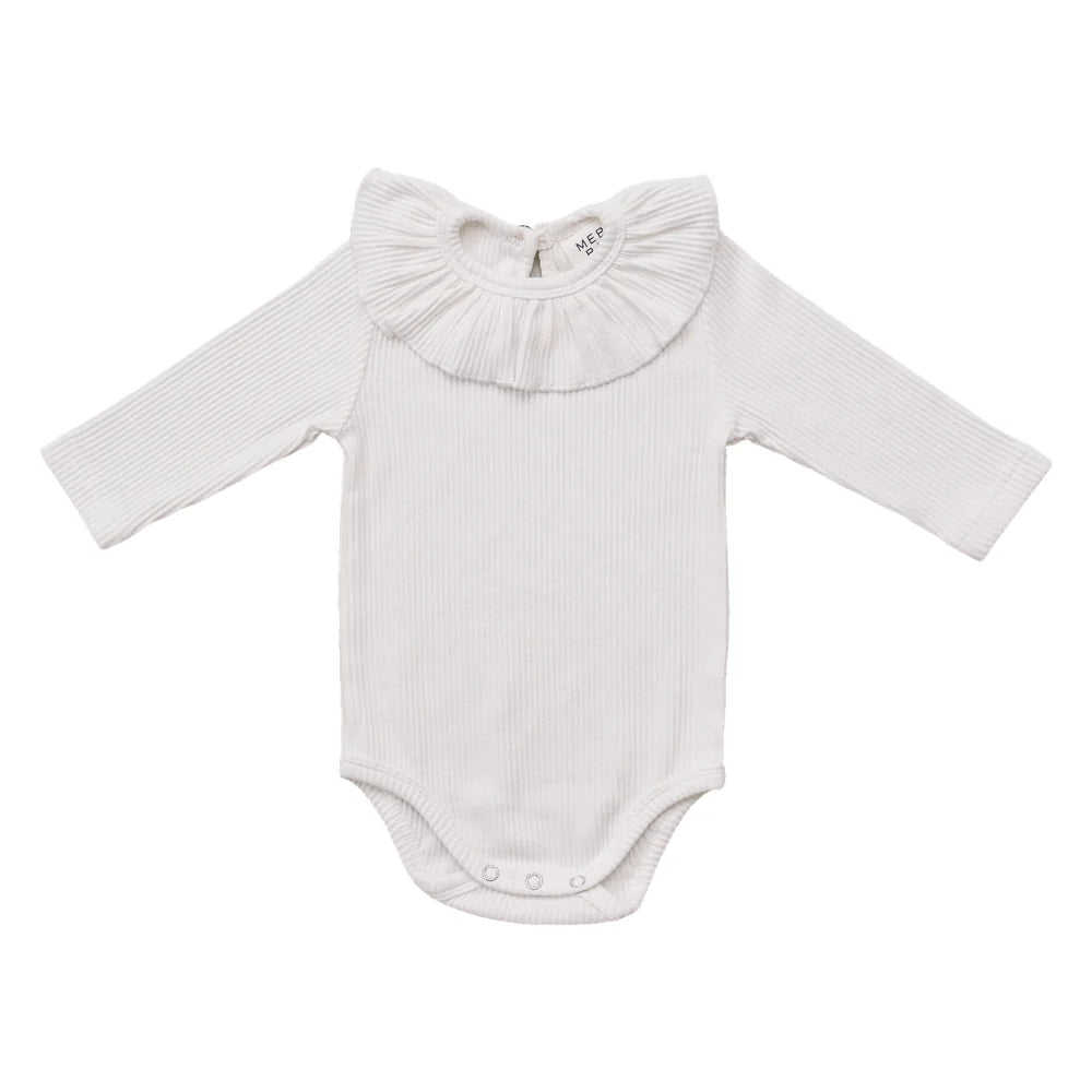 White Ribbed Ruffle Bodysuit