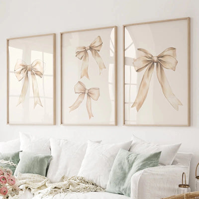 Thin Framed Beige Bows Art Prints - Set of 3