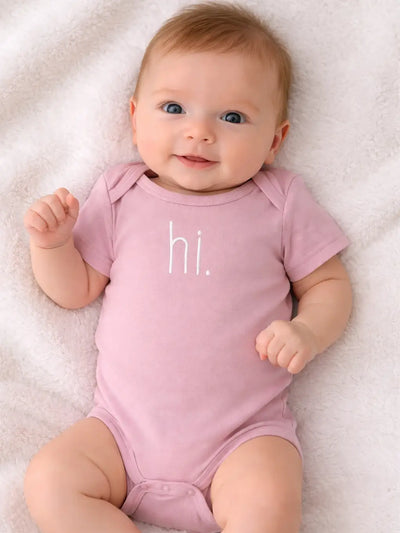 Hi. Embroidered Rosy Pink Cotton Knit Onesie & Top Knot Hat
