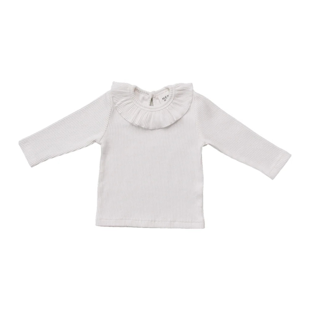 White Ribbed Ruffle Long Sleeve Top