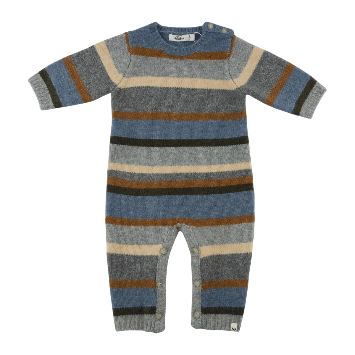 Multi Striped Knitted Long Sleeve Camden Romper - Dusty Blue