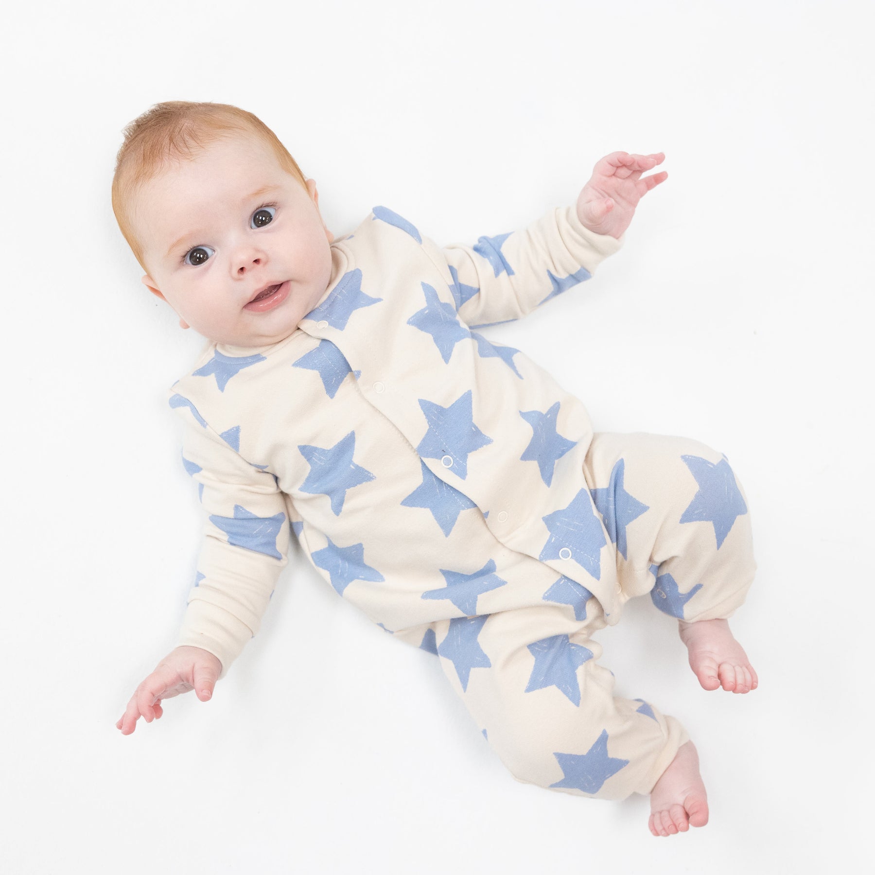 Sketchy Stars Blue French Terry Baseball Collar Romper