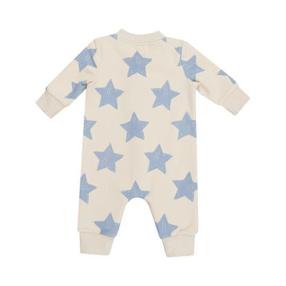 Sketchy Stars Blue French Terry Baseball Collar Romper - Twinkle Twinkle Little One