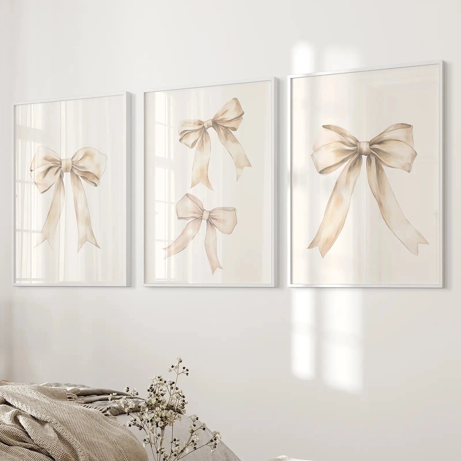 Thin Framed Beige Bows Art Prints - Set of 3