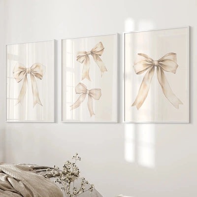 Thin Framed Beige Bows Art Prints - Set of 3