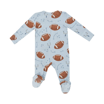 Football Blue Bamboo 2 Way Zipper Footie - Twinkle Twinkle Little One