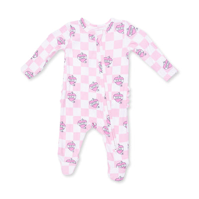 Angel Dear Heart Tattoo Check Pink 2 Way Ruffle Back Zipper Footie
