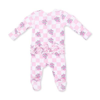 Angel Dear Heart Tattoo Check Pink 2 Way Ruffle Back Zipper Footie