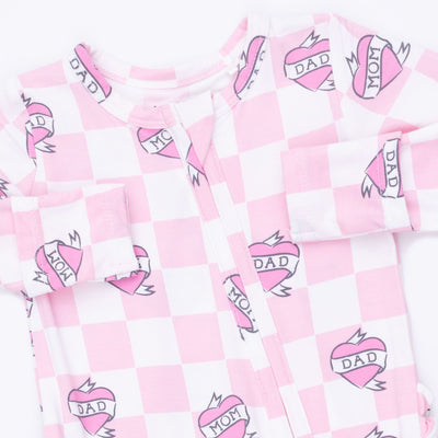 Angel Dear Heart Tattoo Check Pink 2 Way Ruffle Back Zipper Footie