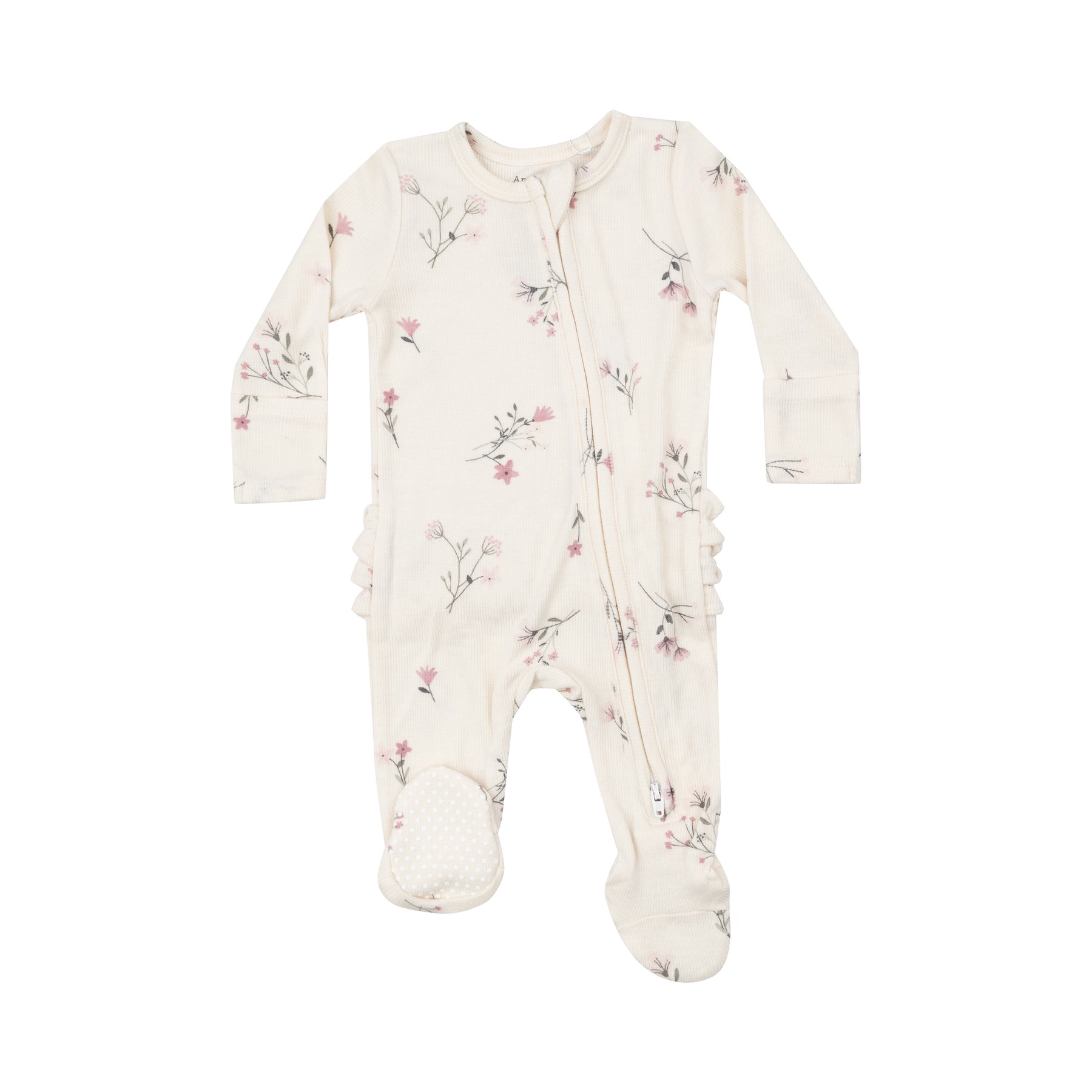 Wispy Floral Ribbed Bamboo 2 Way Ruffle Zipper Footie