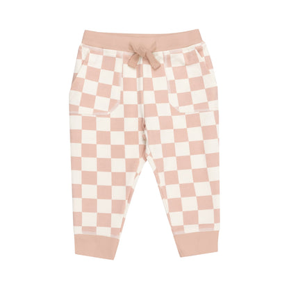 Checkerboard Pink Daisy Patch French Terry Ruffle Sweatshirt & Paperbag Jogger Set - Twinkle Twinkle Little One