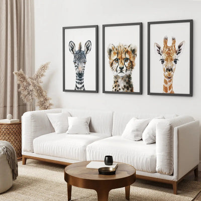 Thin Framed Safari Nursery Art Prints: Zebra, Leopard, Giraffe - Set of 3
