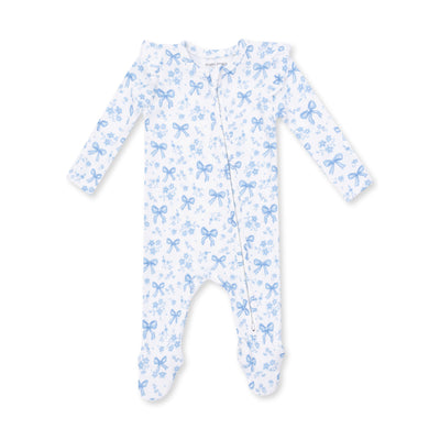Angel Dear Blue Bows and Flowers 2 Way Ruffle Sleeve Zipper Footie
