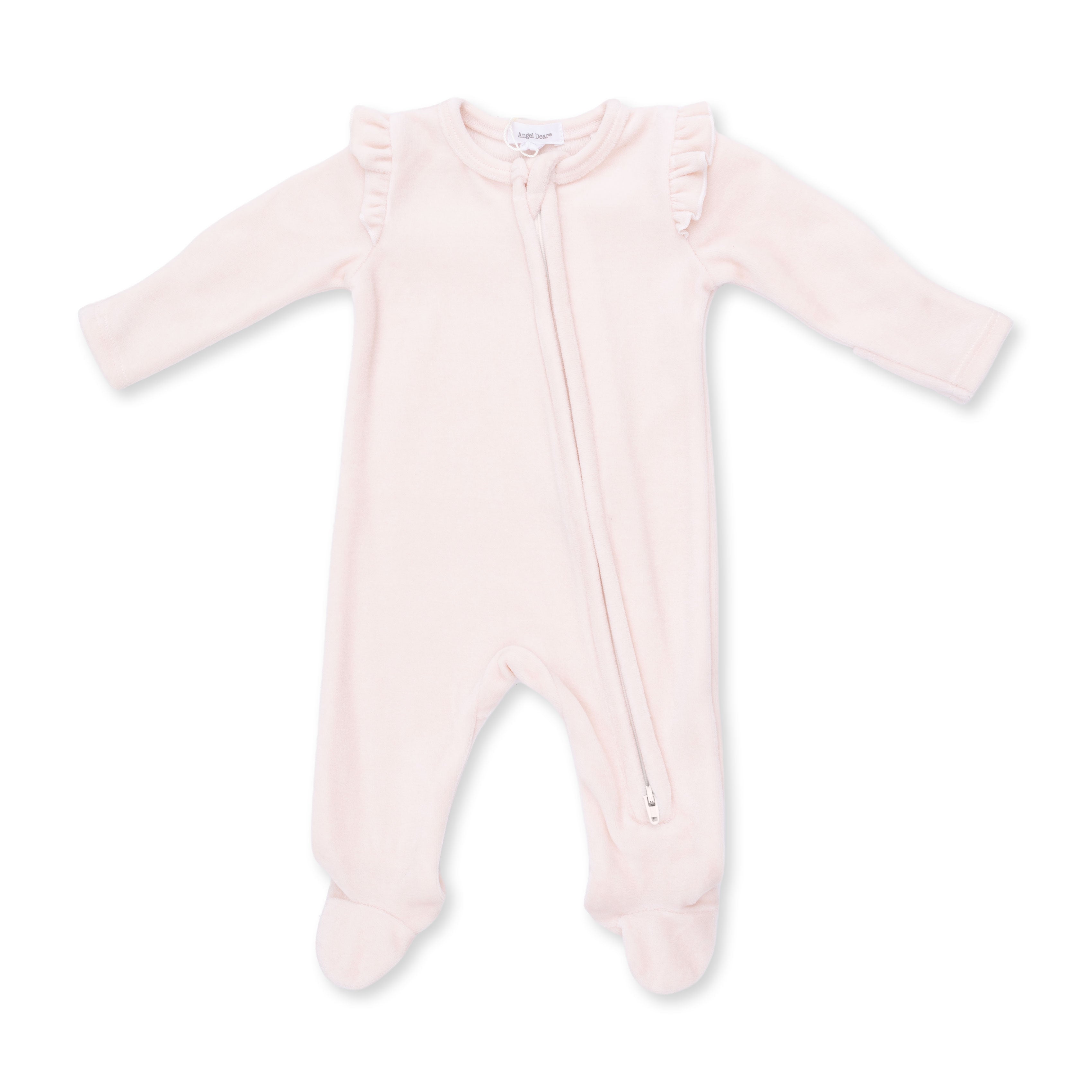 Angel Dear Velour Soft Pink 2 Way Ruffle Sleeve Zipper Footie