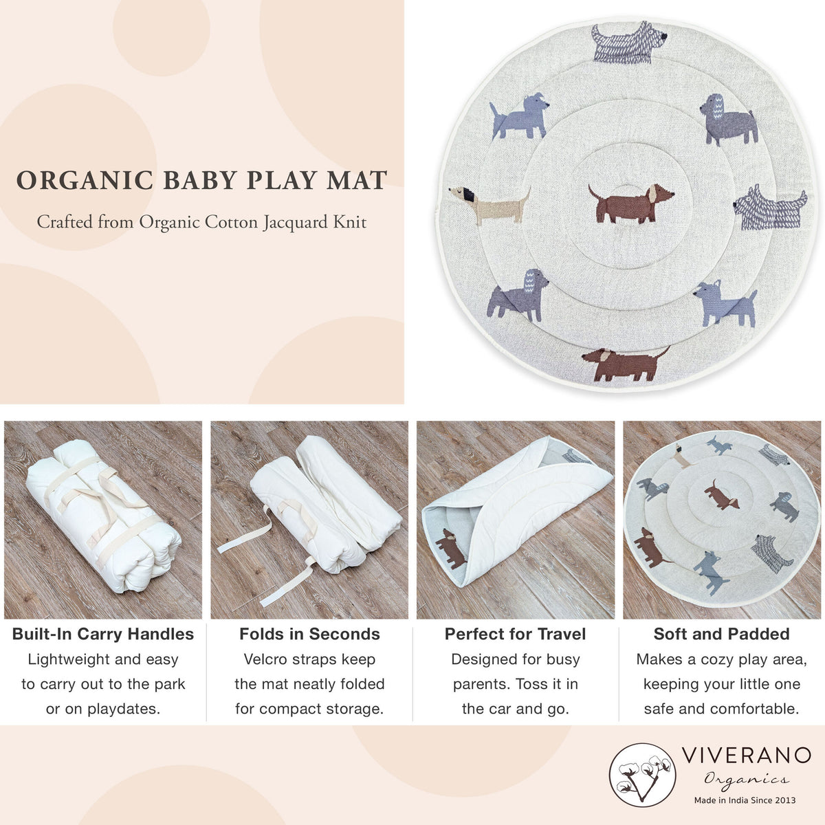 Buddy Dog Organic Cotton Knit Baby Padded Round Play Mat - Natural